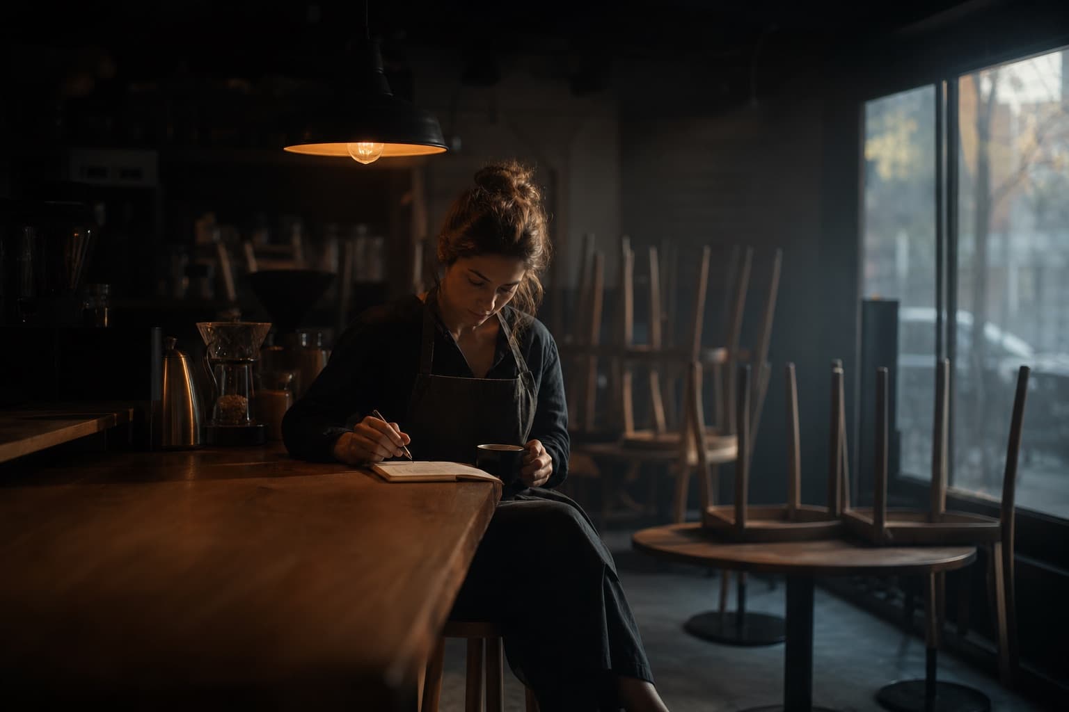 A cafe owner working through her notes at the counter before opening