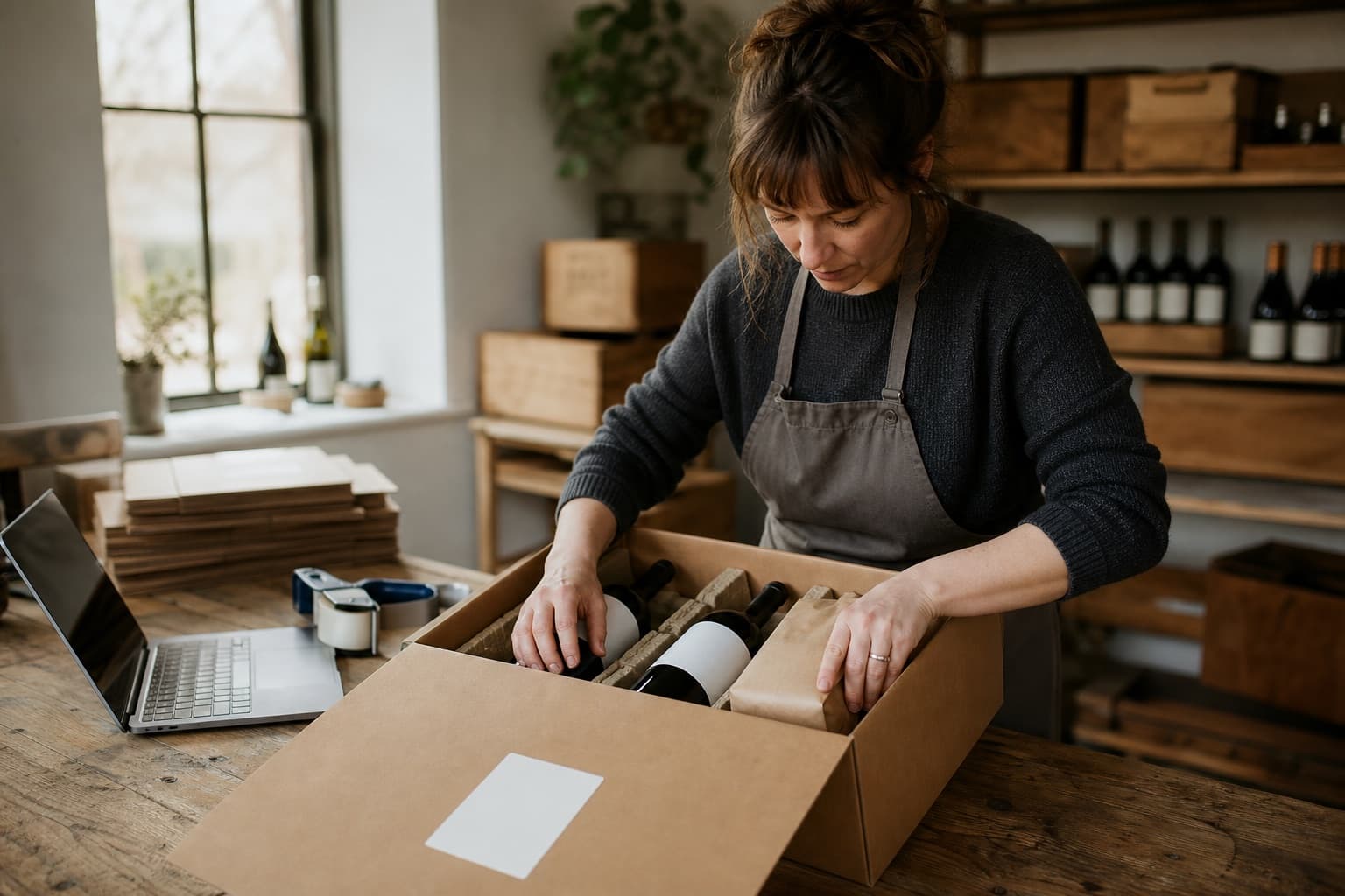 Winery staff member packing a member shipment of wine and coffee into a box