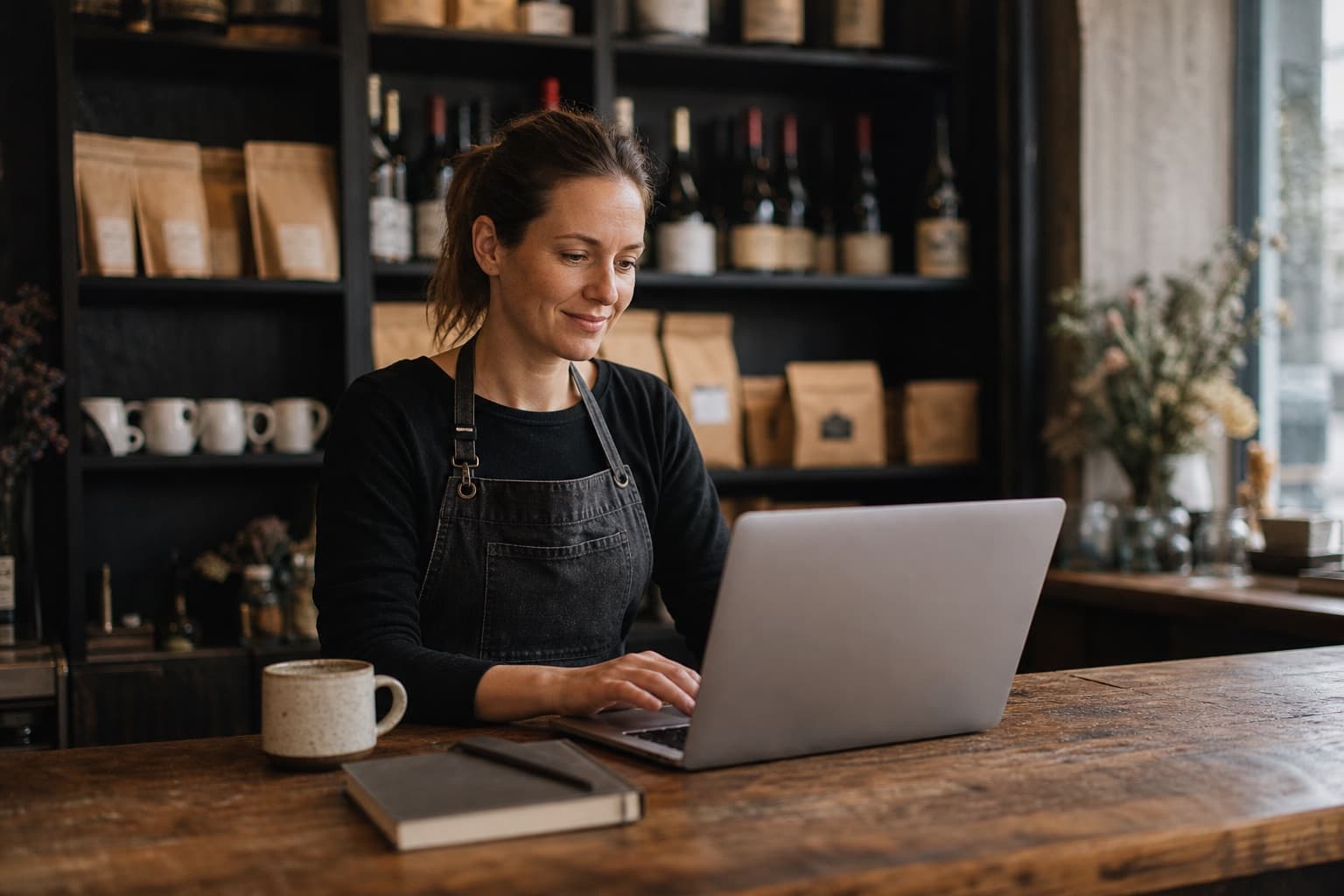 Shop owner building a member email campaign on a laptop at her counter