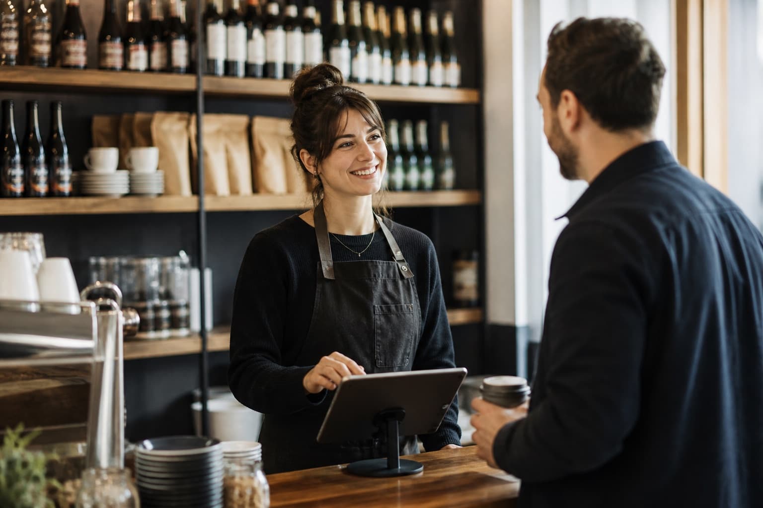 Cafe staff member greeting a returning member at the point of sale