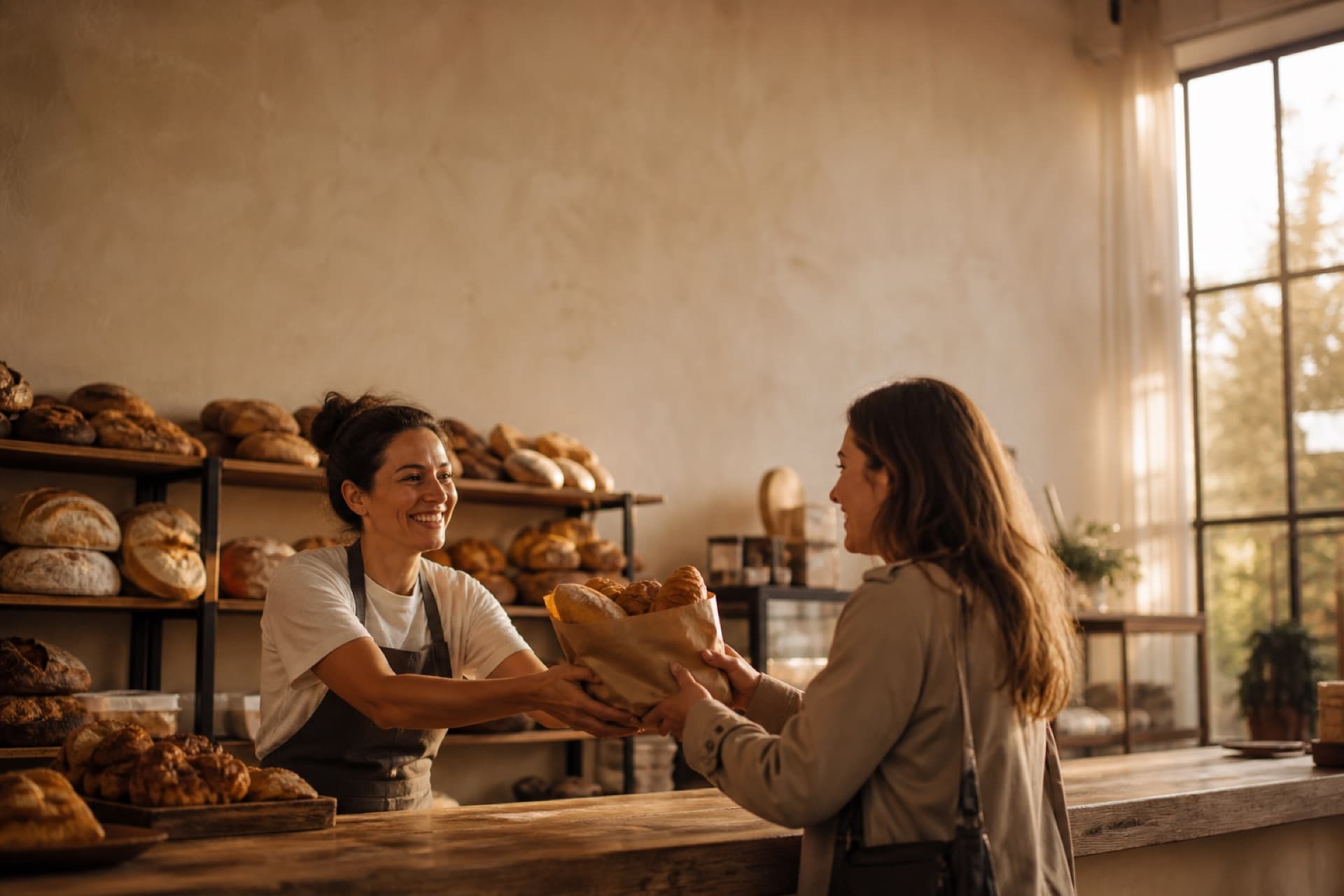 A baker handing a bag of fresh bread to a regular over the counter