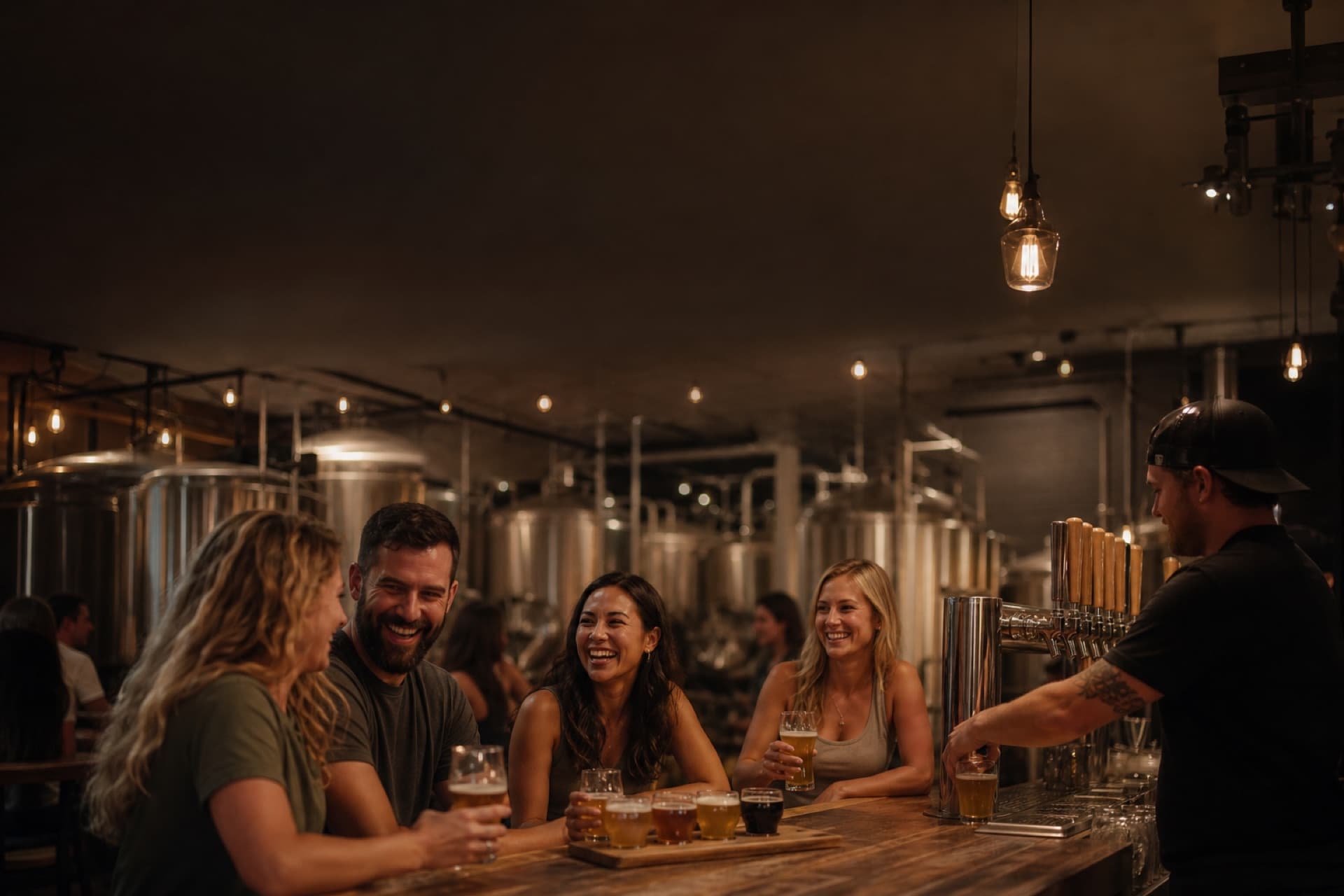 Friends enjoying a flight of beers at a brewery taproom bar