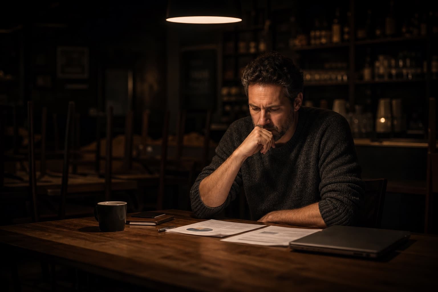 A shop owner reviewing printed platform quotes at a table after hours
