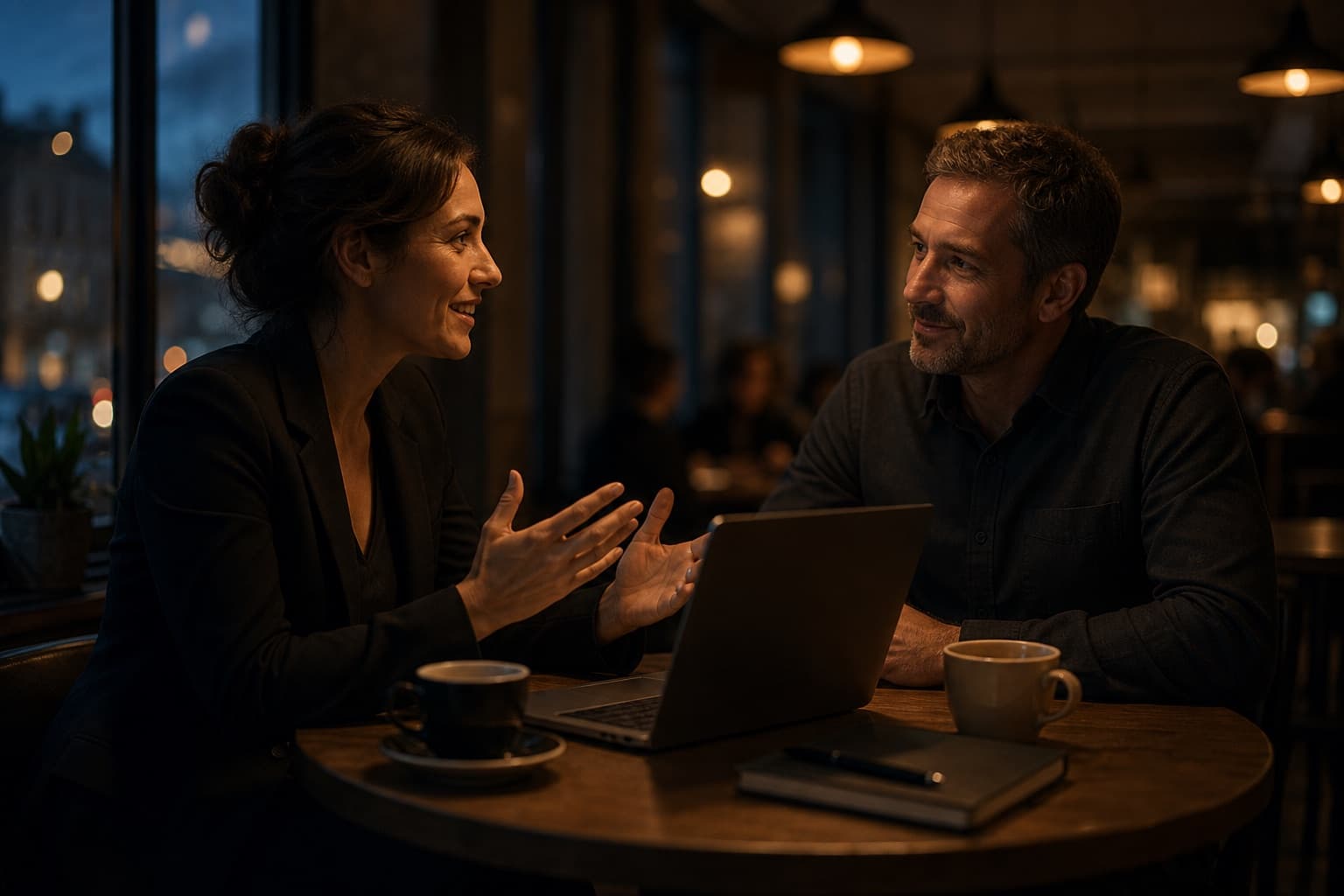 Two people talking through a membership program over a laptop in a cafe