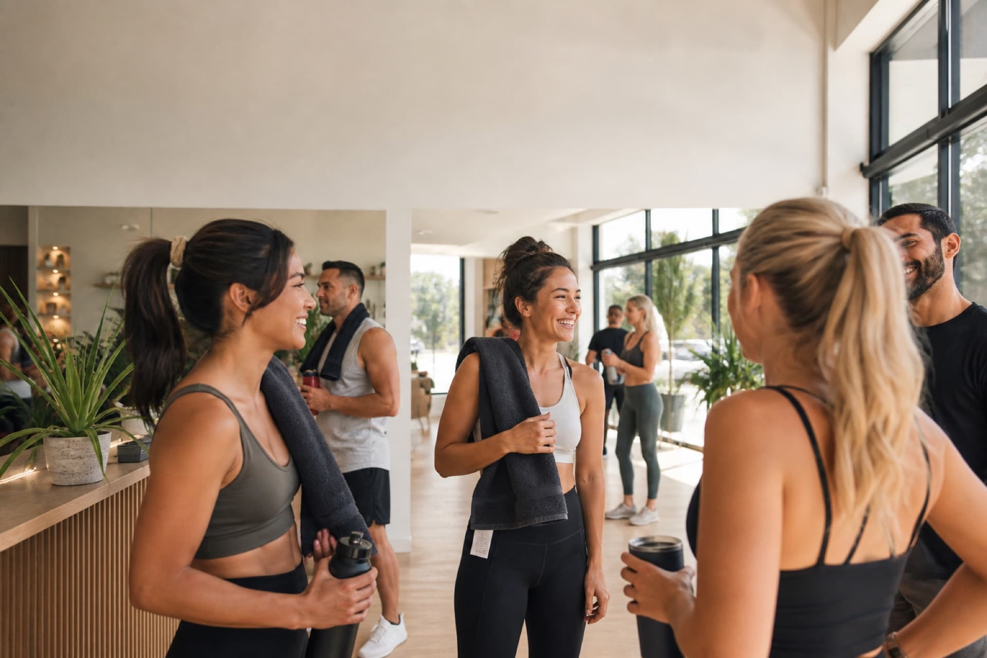Members chatting after class at a bright boutique studio