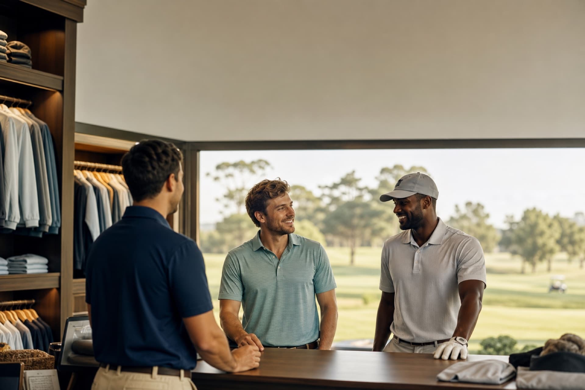 Golfers chatting with staff in a clubhouse pro shop