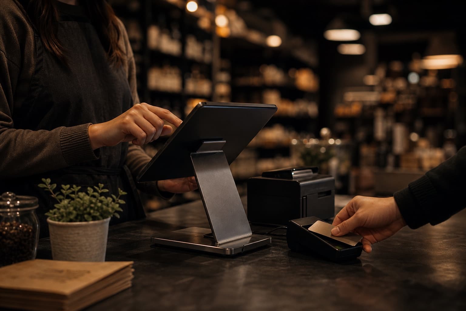 A tablet point of sale and card reader on a shop counter mid-transaction