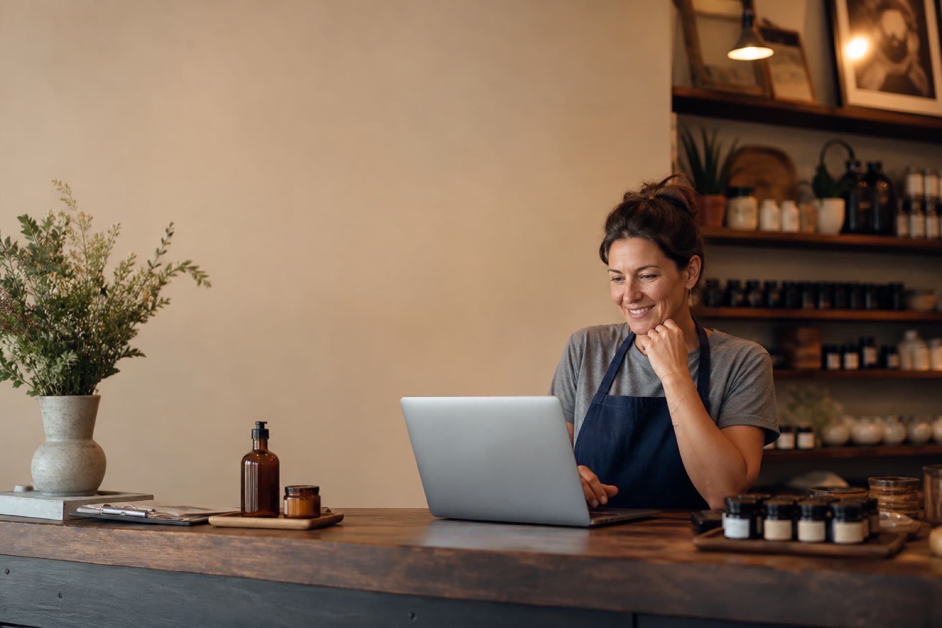 A shop owner reviewing their membership dashboard on a laptop