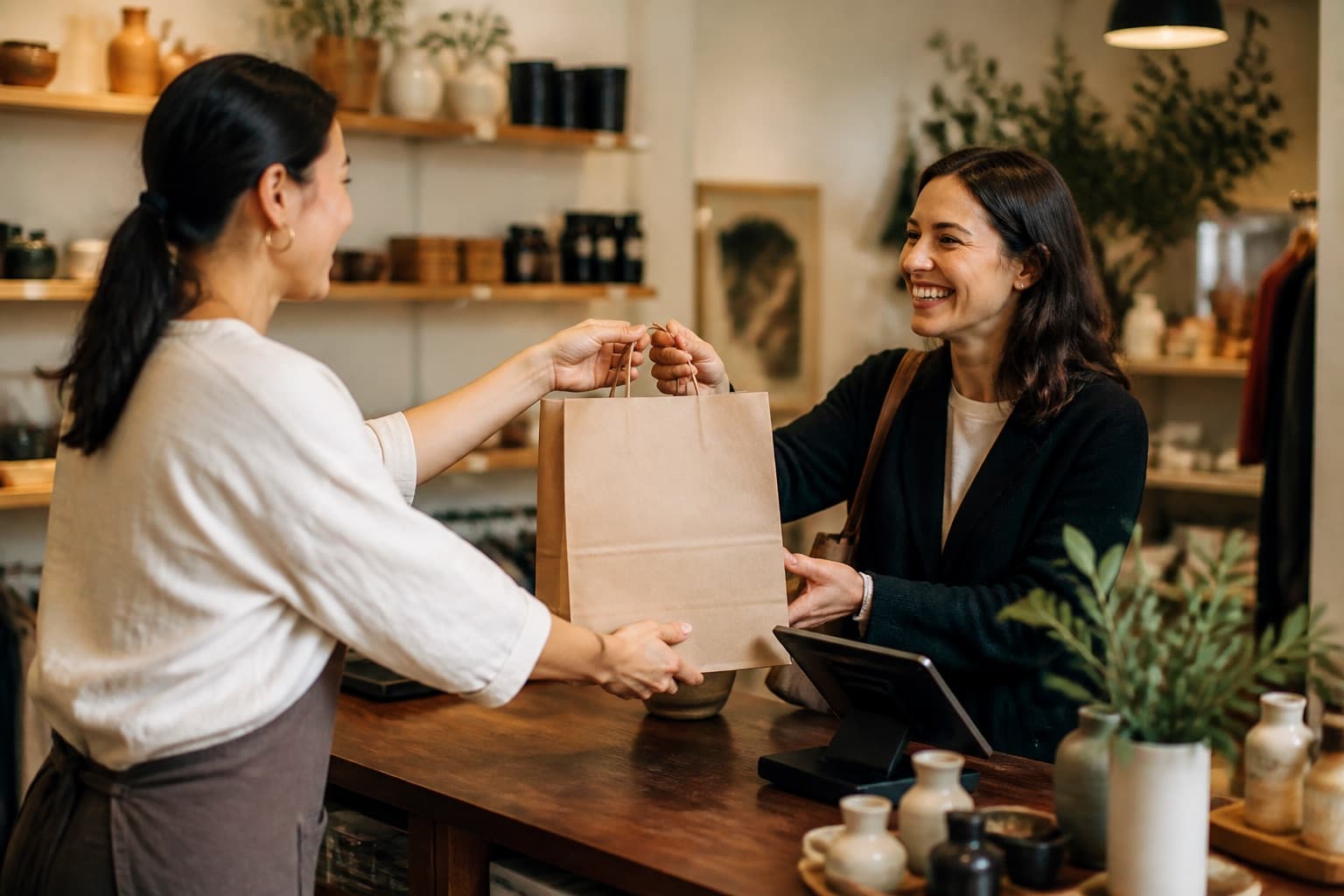 A boutique owner handing a member their order beside a countertop point-of-sale terminal