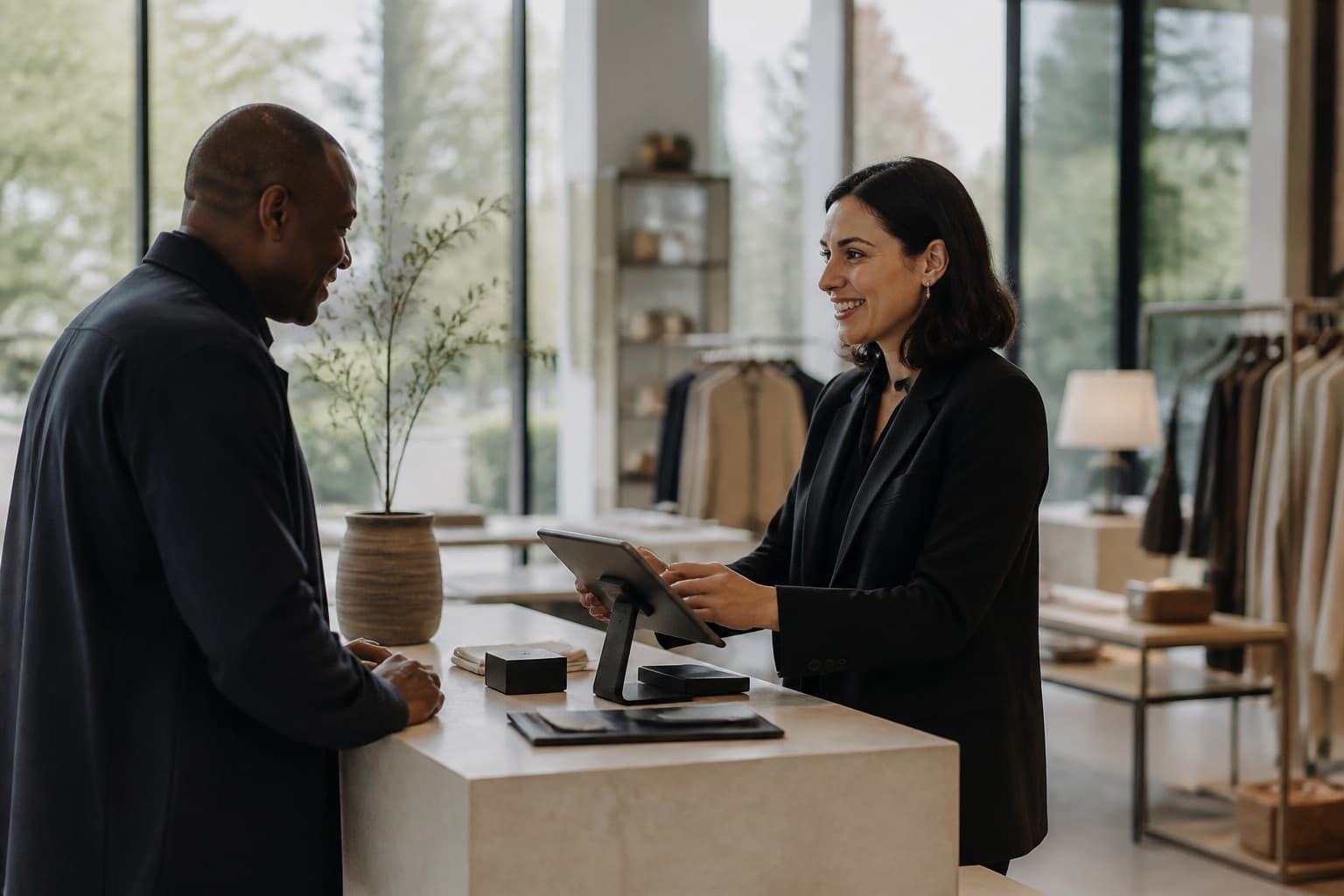 A sales associate helping a customer at a minimalist retail checkout island with a tablet point of sale