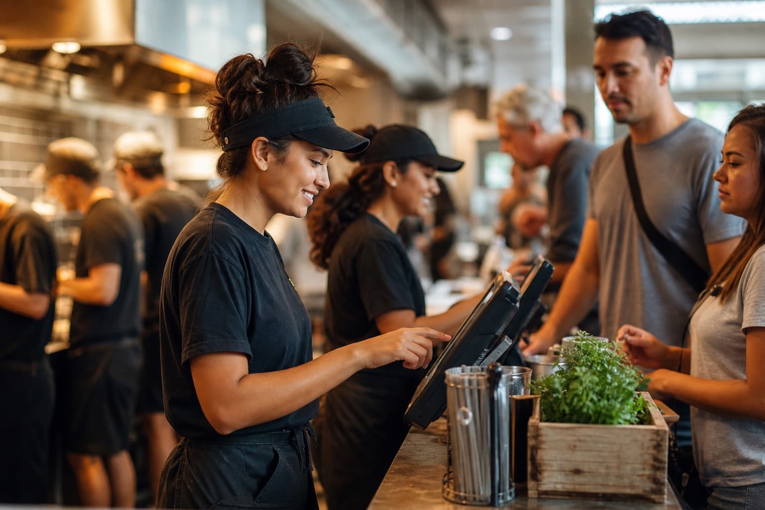 Staff ringing up a line of customers on point-of-sale terminals at a busy quick-service counter