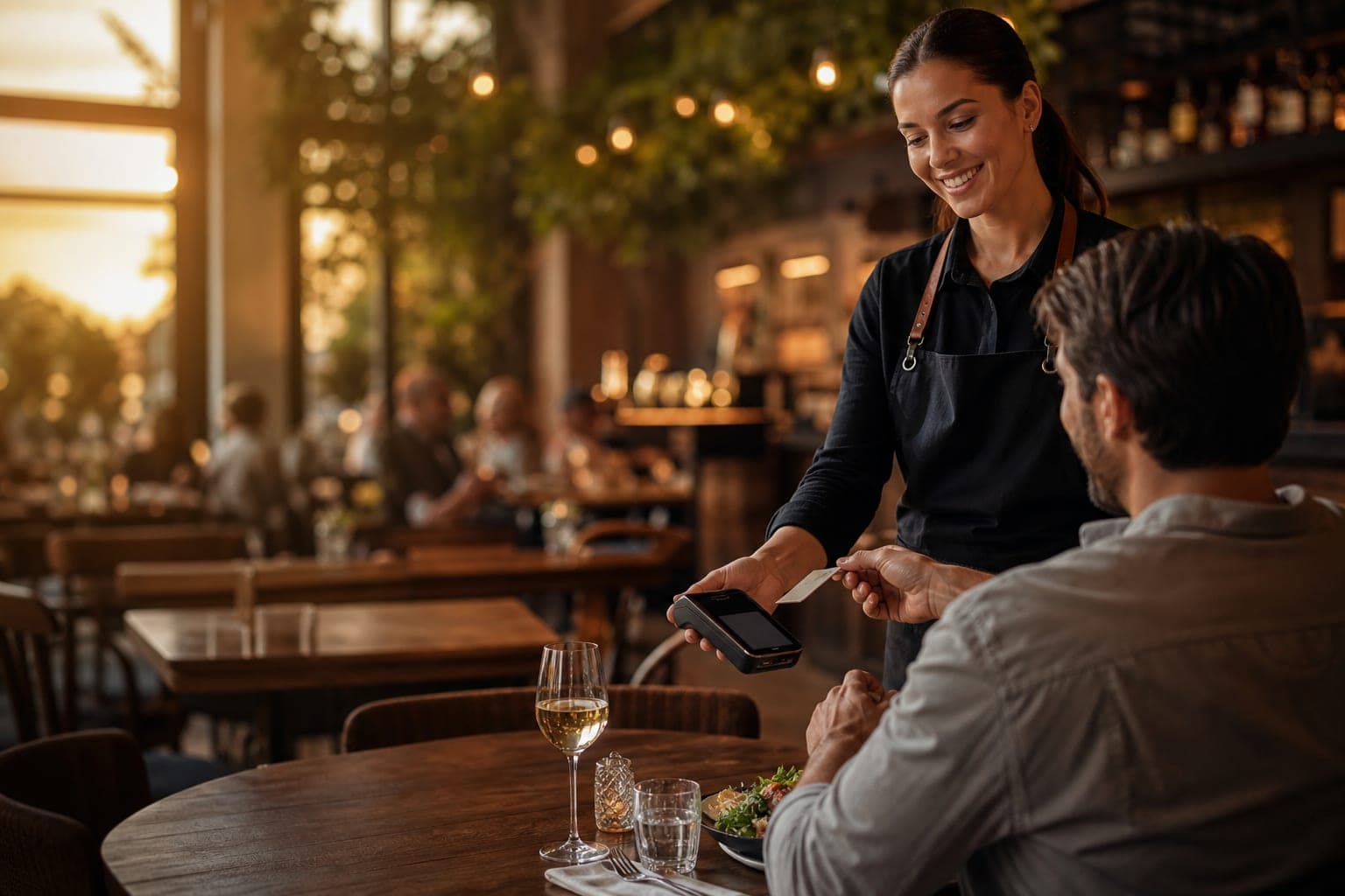 A server taking payment from a seated guest on a handheld point-of-sale device in a warm, upscale dining room