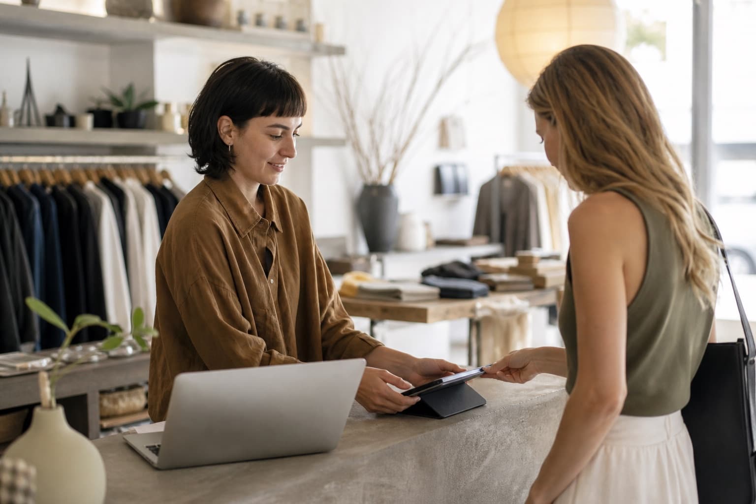 A boutique owner checking out a customer on a tablet beside a laptop storefront