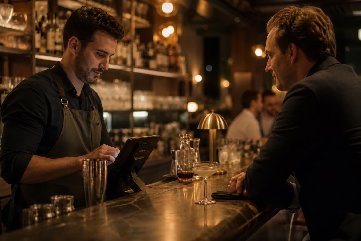 A bartender settling a guest's tab on a point-of-sale terminal in a warm evening bar
