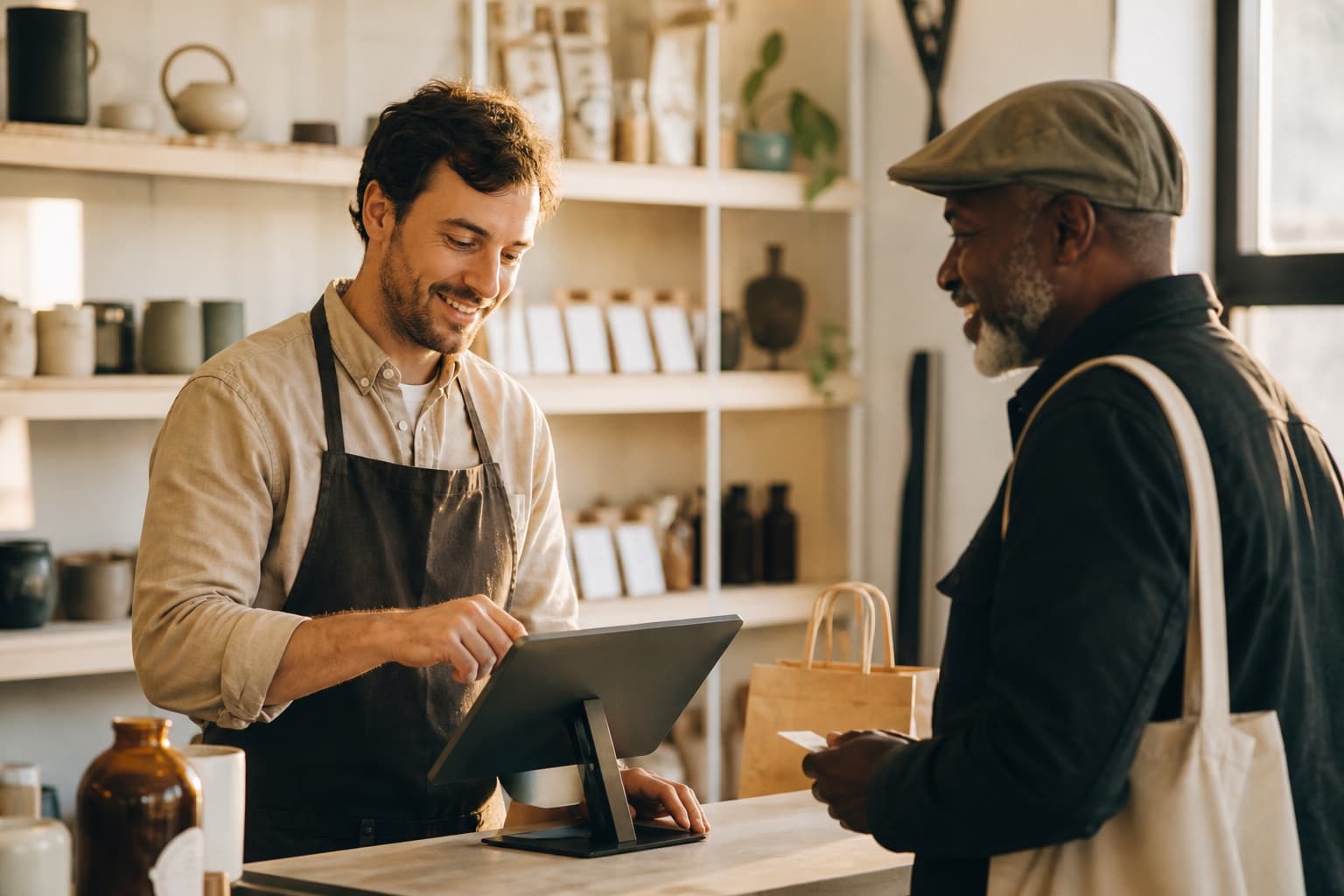 A shopkeeper checking out a returning member at the counter on a tablet point of sale