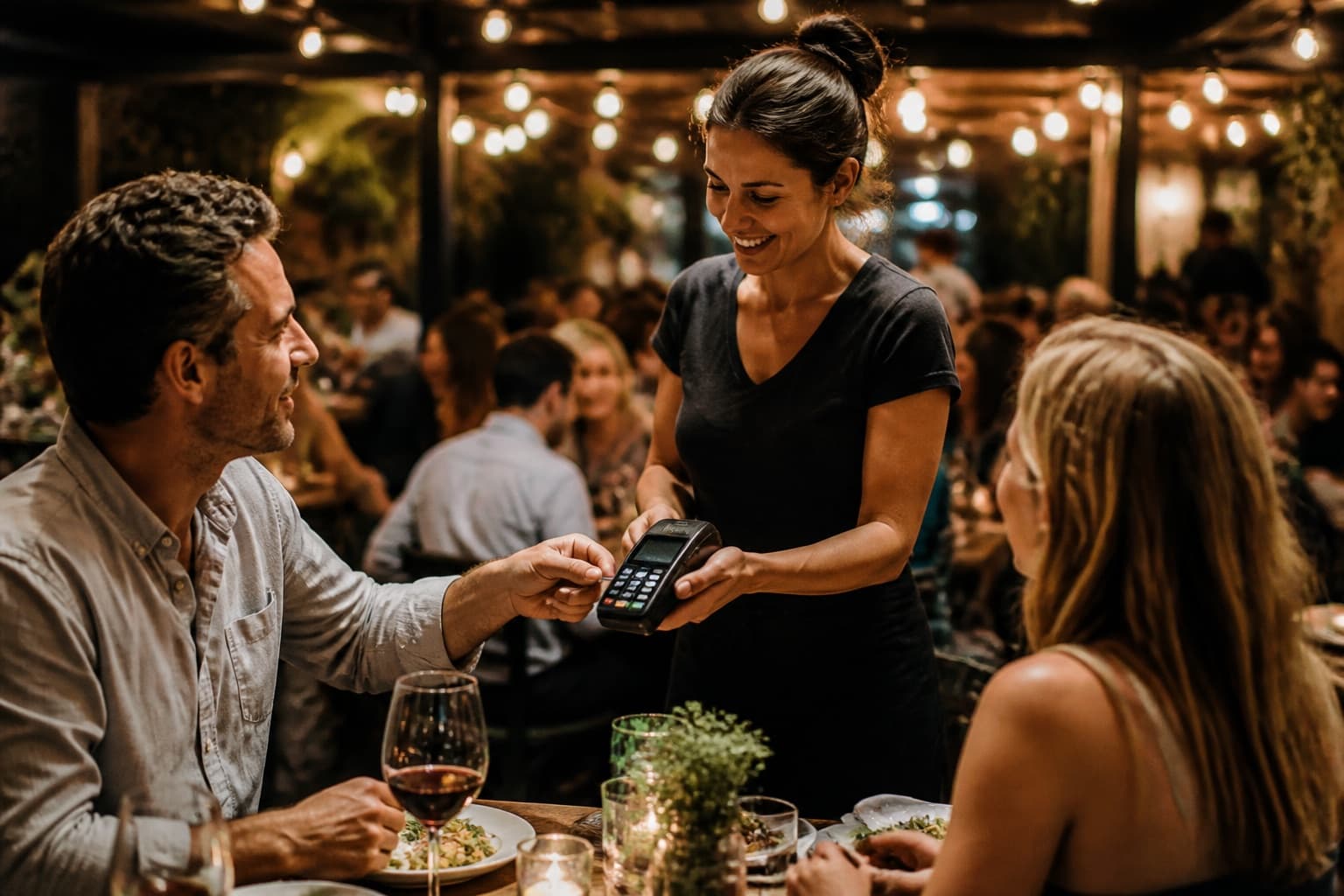 A server taking payment from seated guests on a handheld point-of-sale device in a busy dining room
