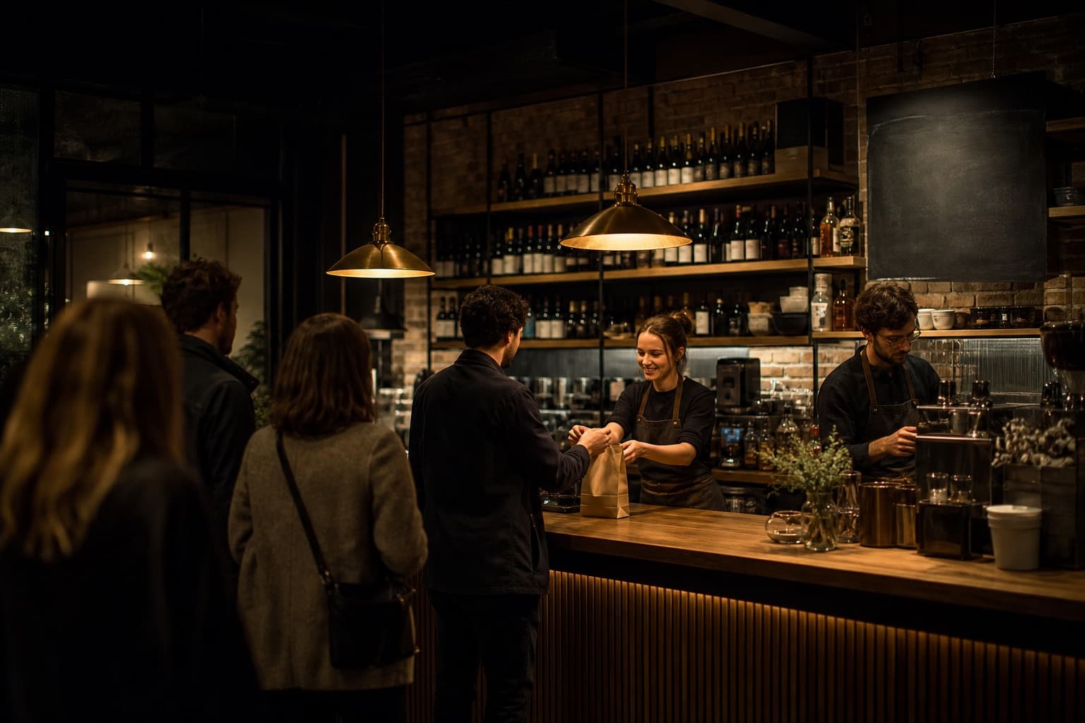 Staff serving a queue of customers at a busy shop counter in the evening