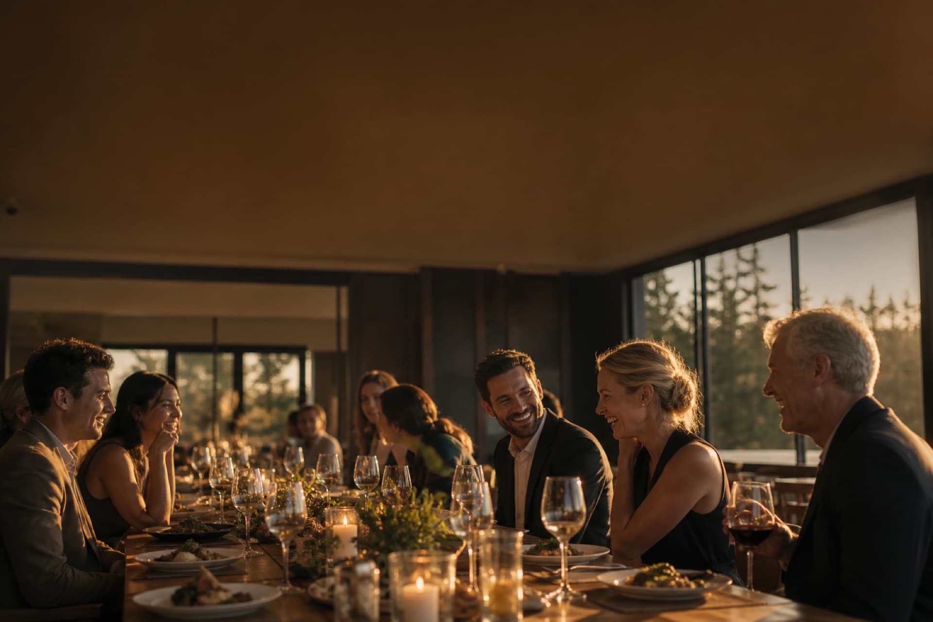Guests laughing over dinner at an intimate restaurant members' night
