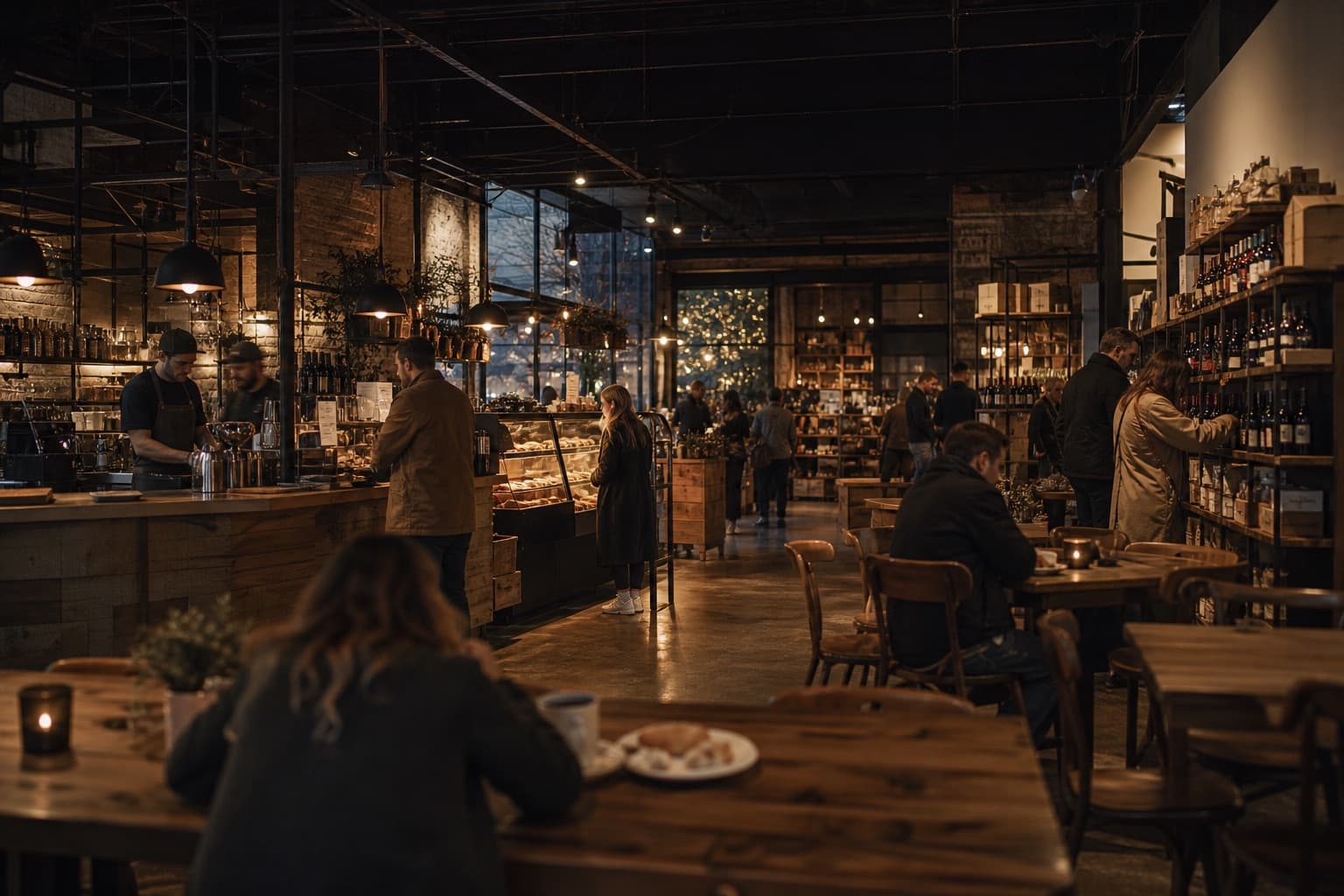A busy market hall at dusk with a cafe counter, bakery case, and retail shelves