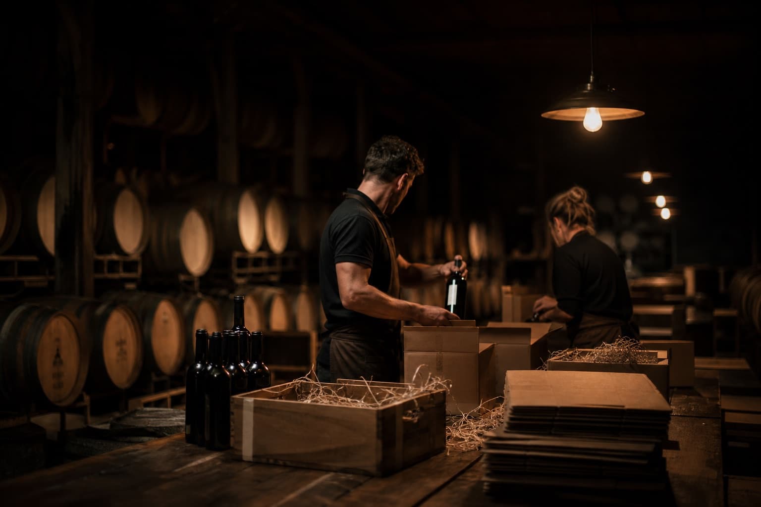 Cellar staff packing club shipments of wine among rows of oak barrels