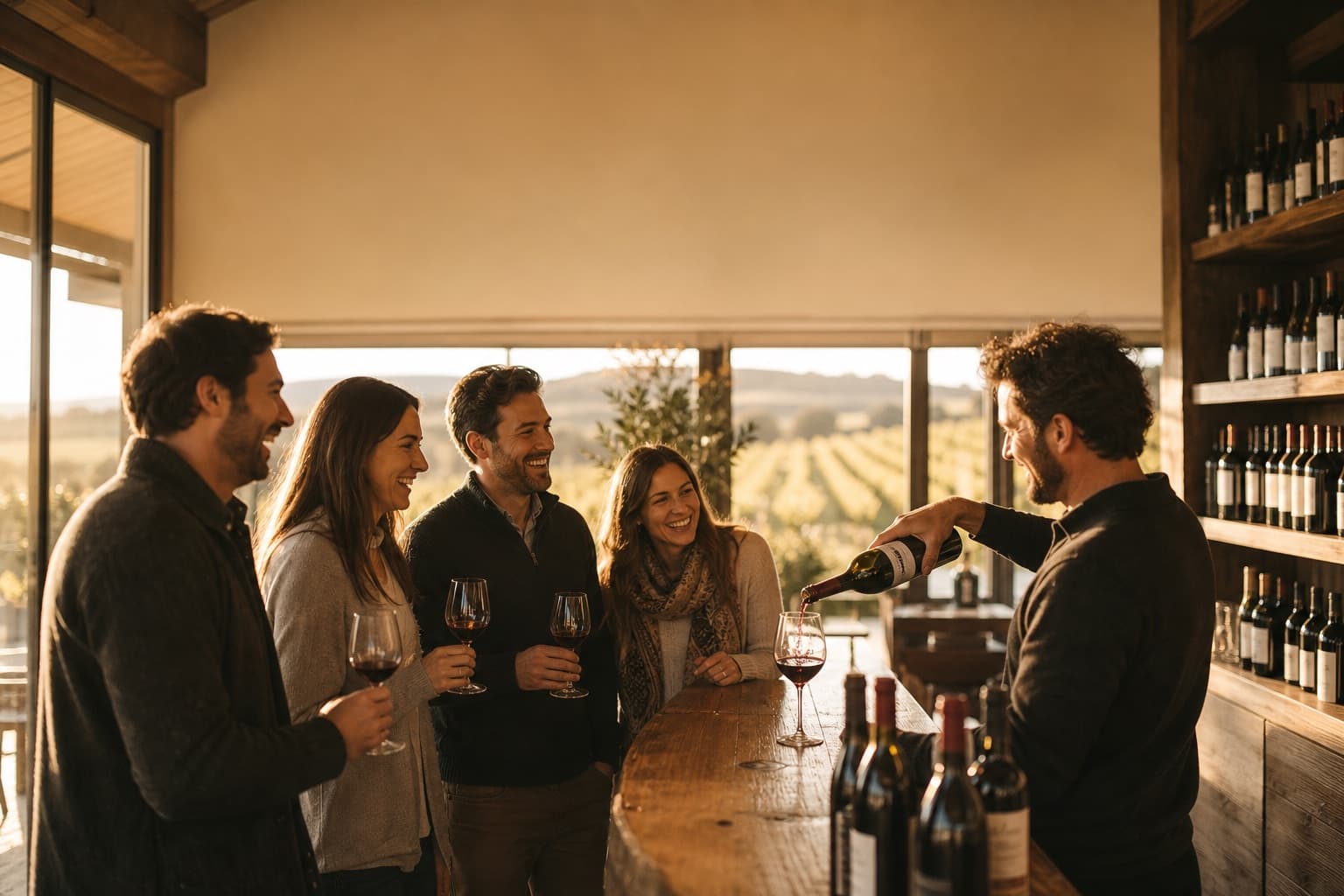 Members enjoying a tasting at a sunlit winery bar
