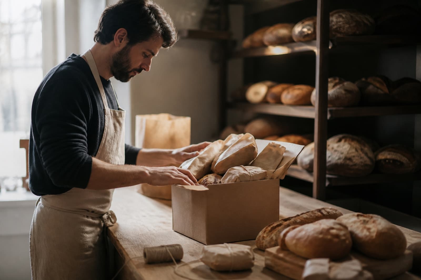 A baker packing loaves and pastries into a box for a standing order