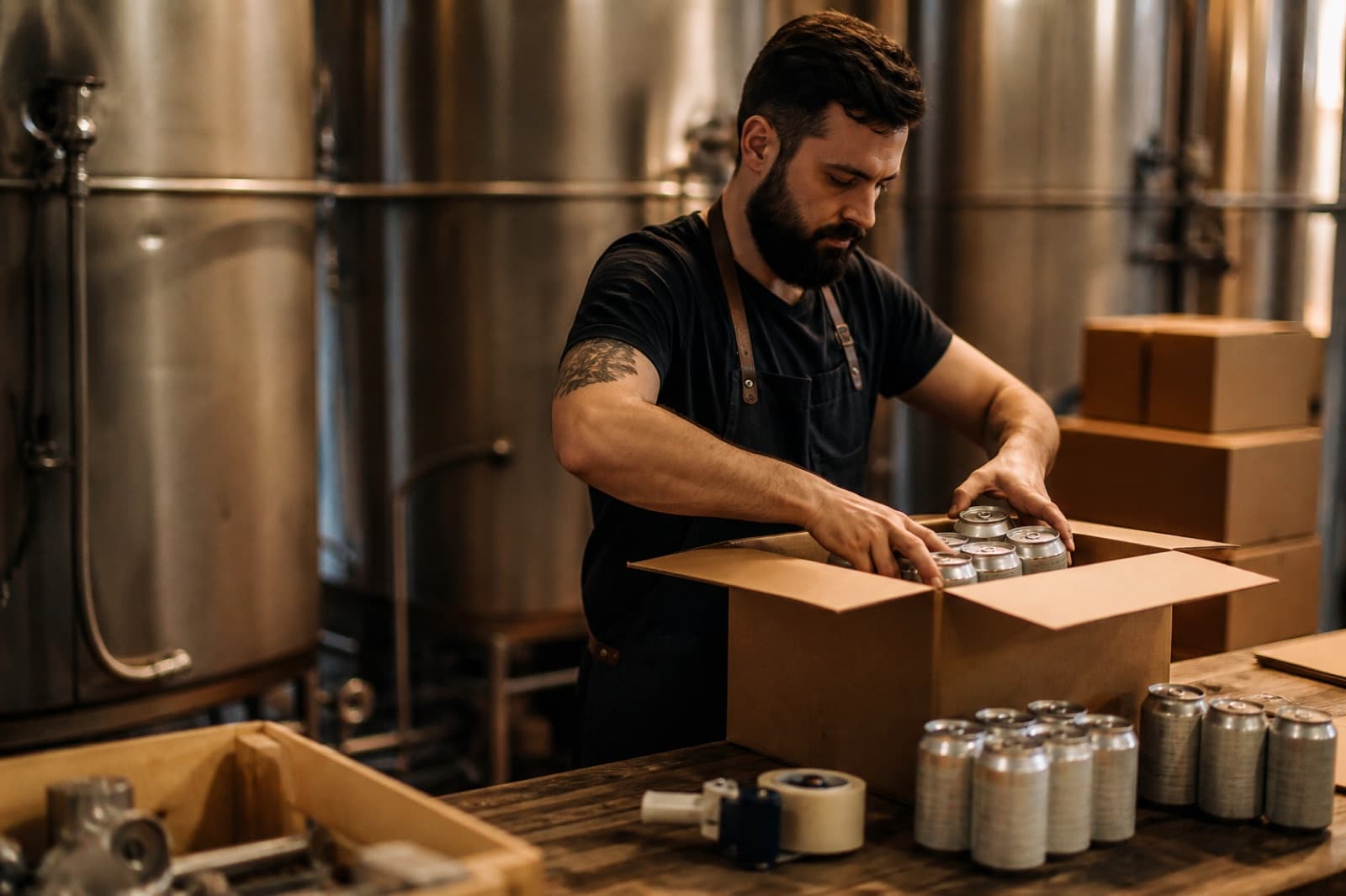 A brewery worker packing cans of beer into a shipping box