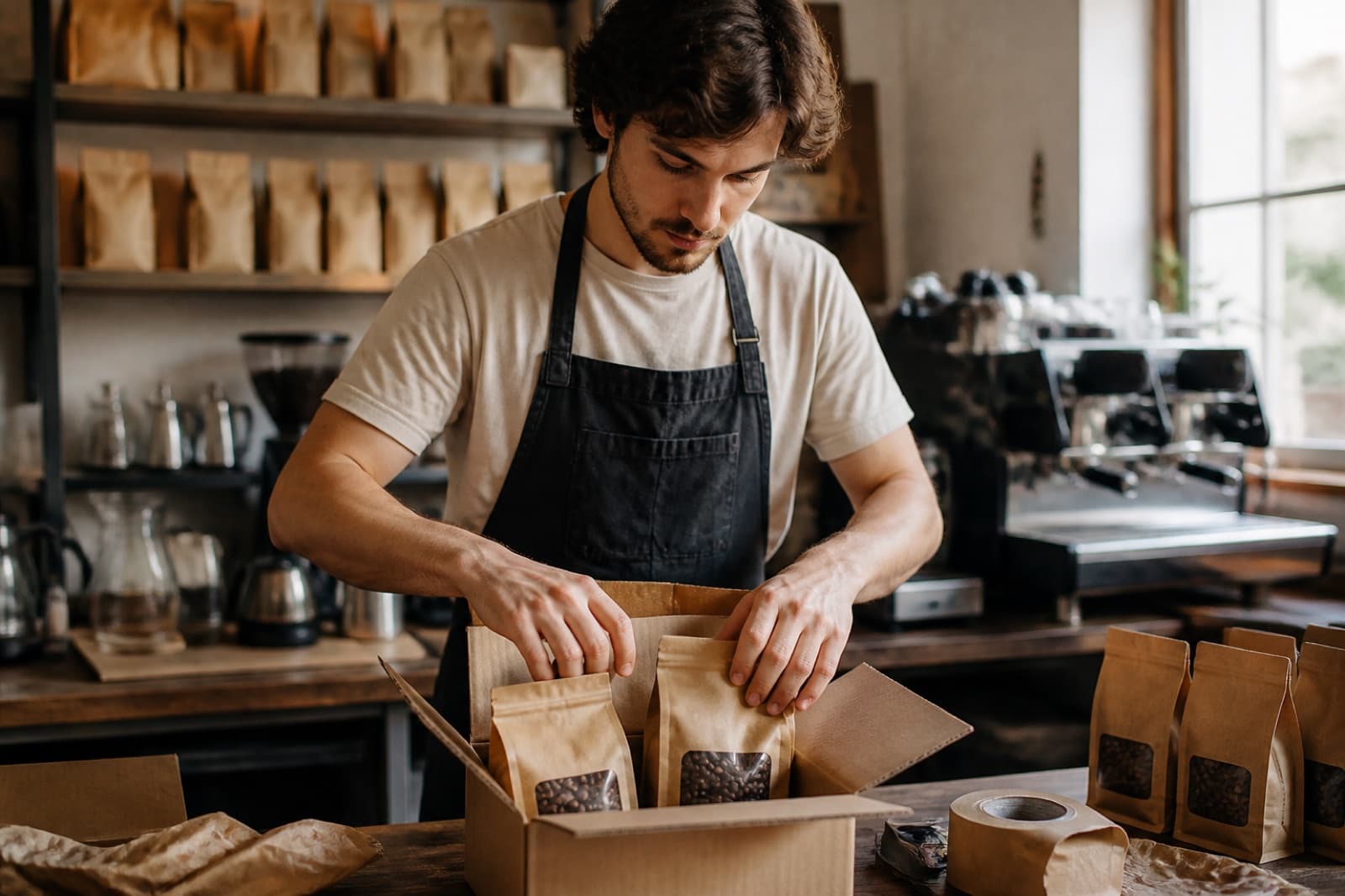 A barista packing bags of whole-bean coffee into a shipping box
