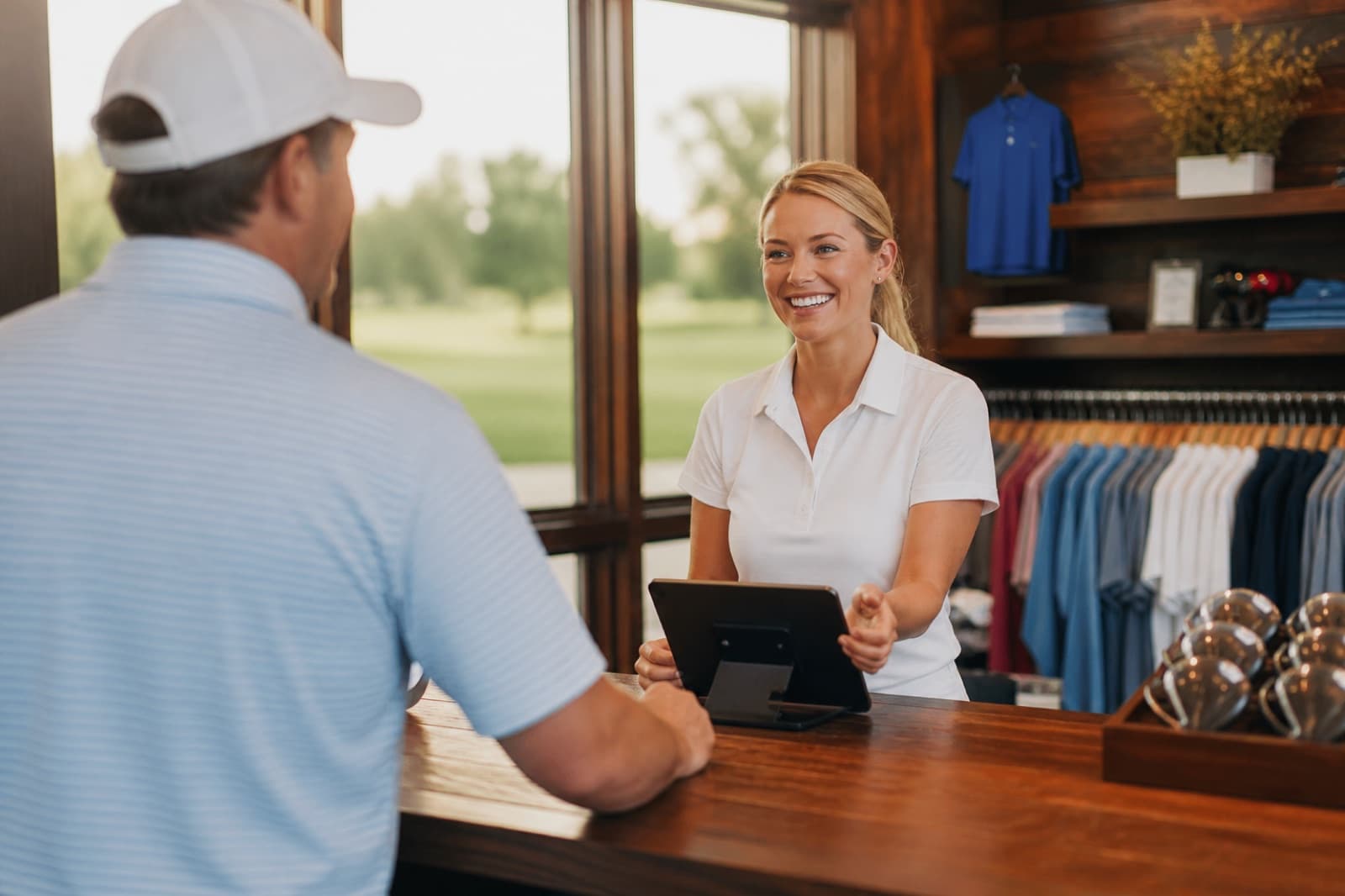 A pro-shop staff member greeting a member at the counter