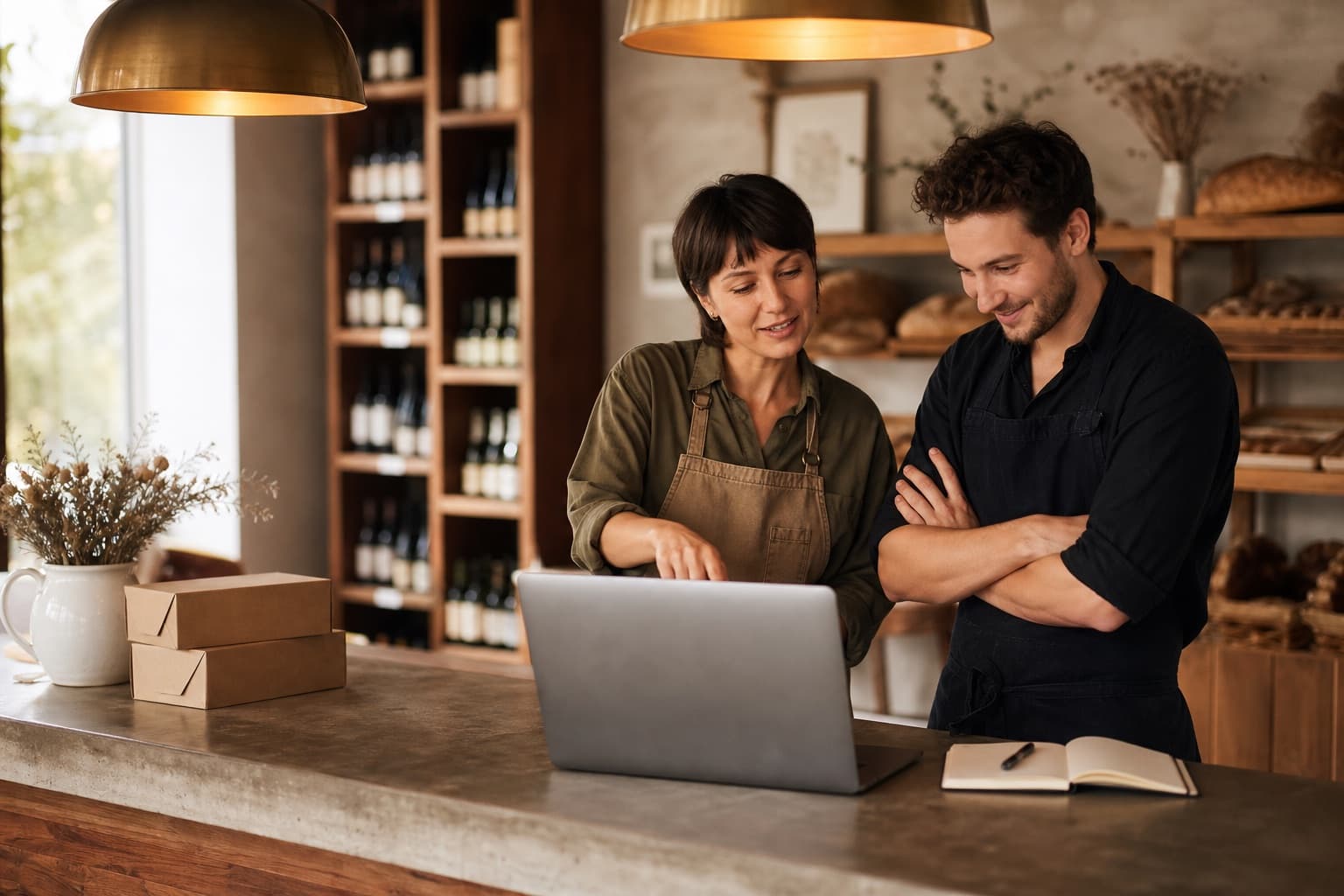 Two shop owners reviewing a member email campaign on a laptop behind their counter