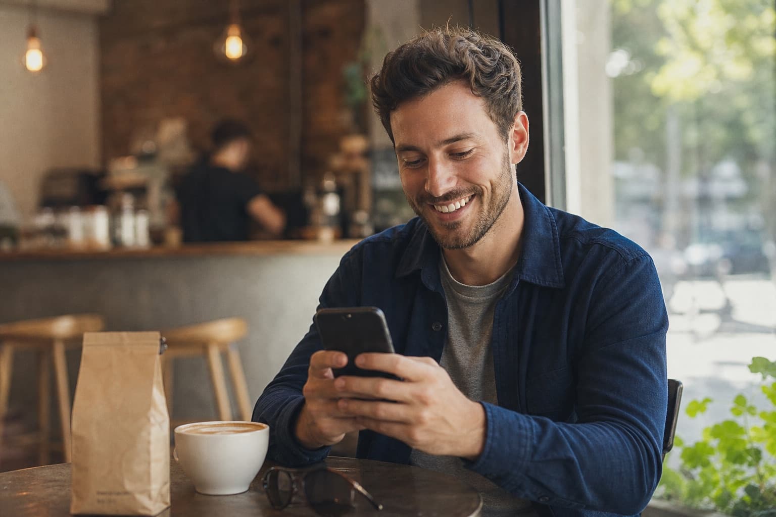 A member reading a branded shipping notification on his phone in a cafe