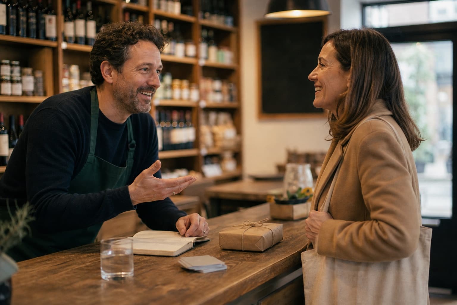 A shop owner in conversation with a regular customer across the counter