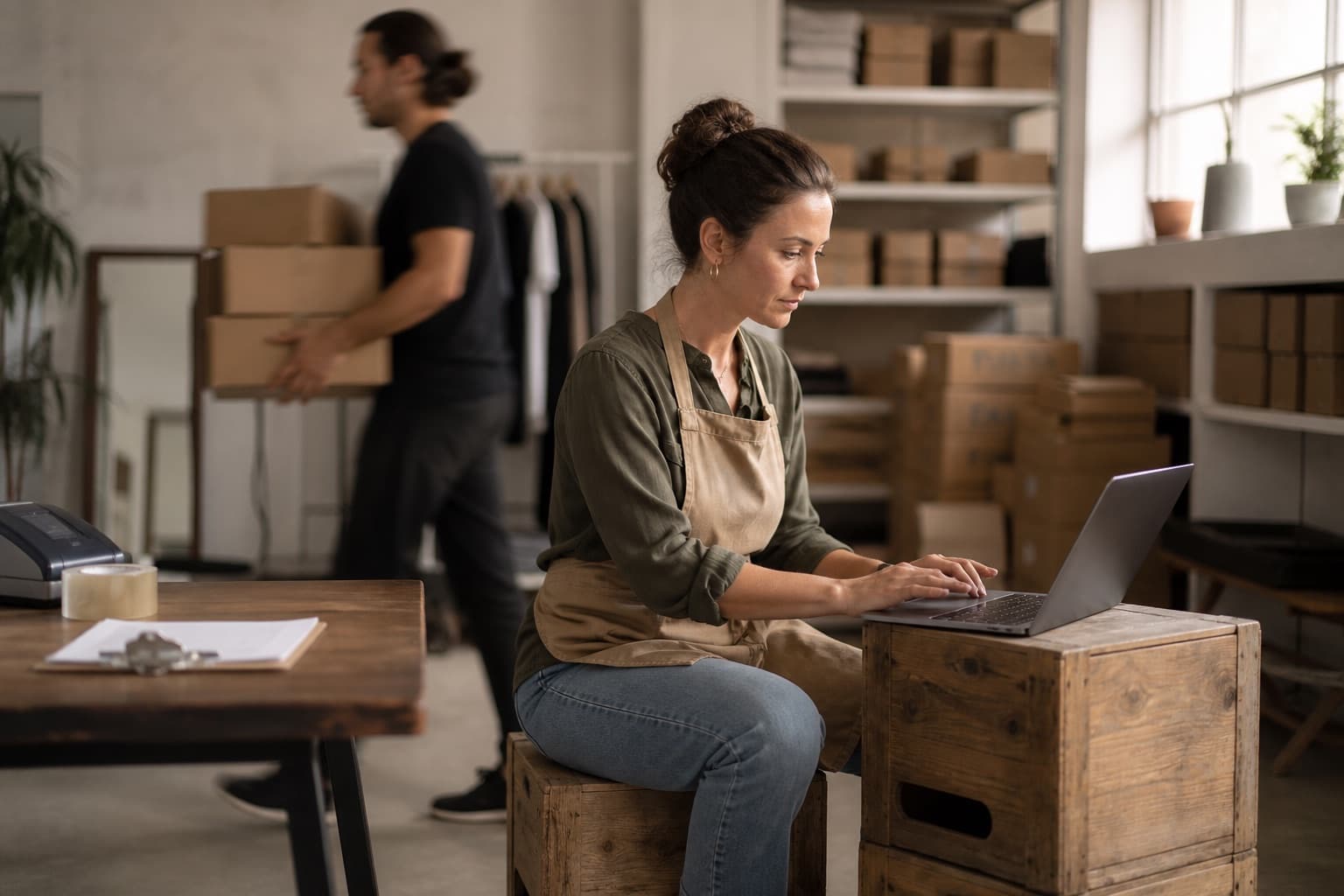 Shop staff working through a member list on a laptop surrounded by packing boxes