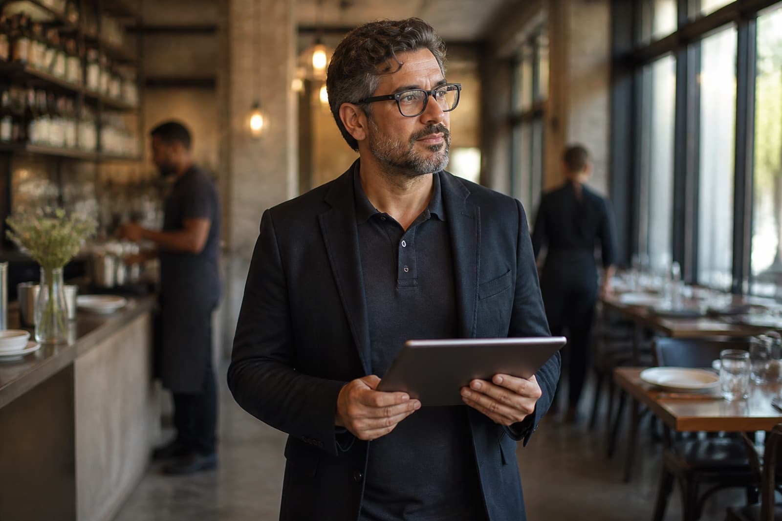 An owner reviewing operations on a tablet while walking their venue