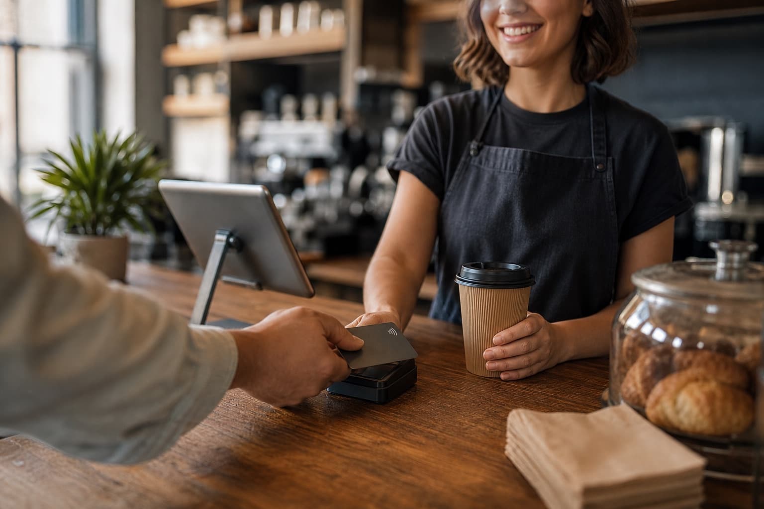 A customer tapping a payment card at a cafe counter while a barista hands over their order