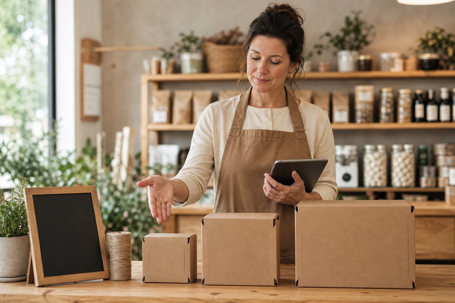 A shop owner comparing three sizes of subscription box on her counter