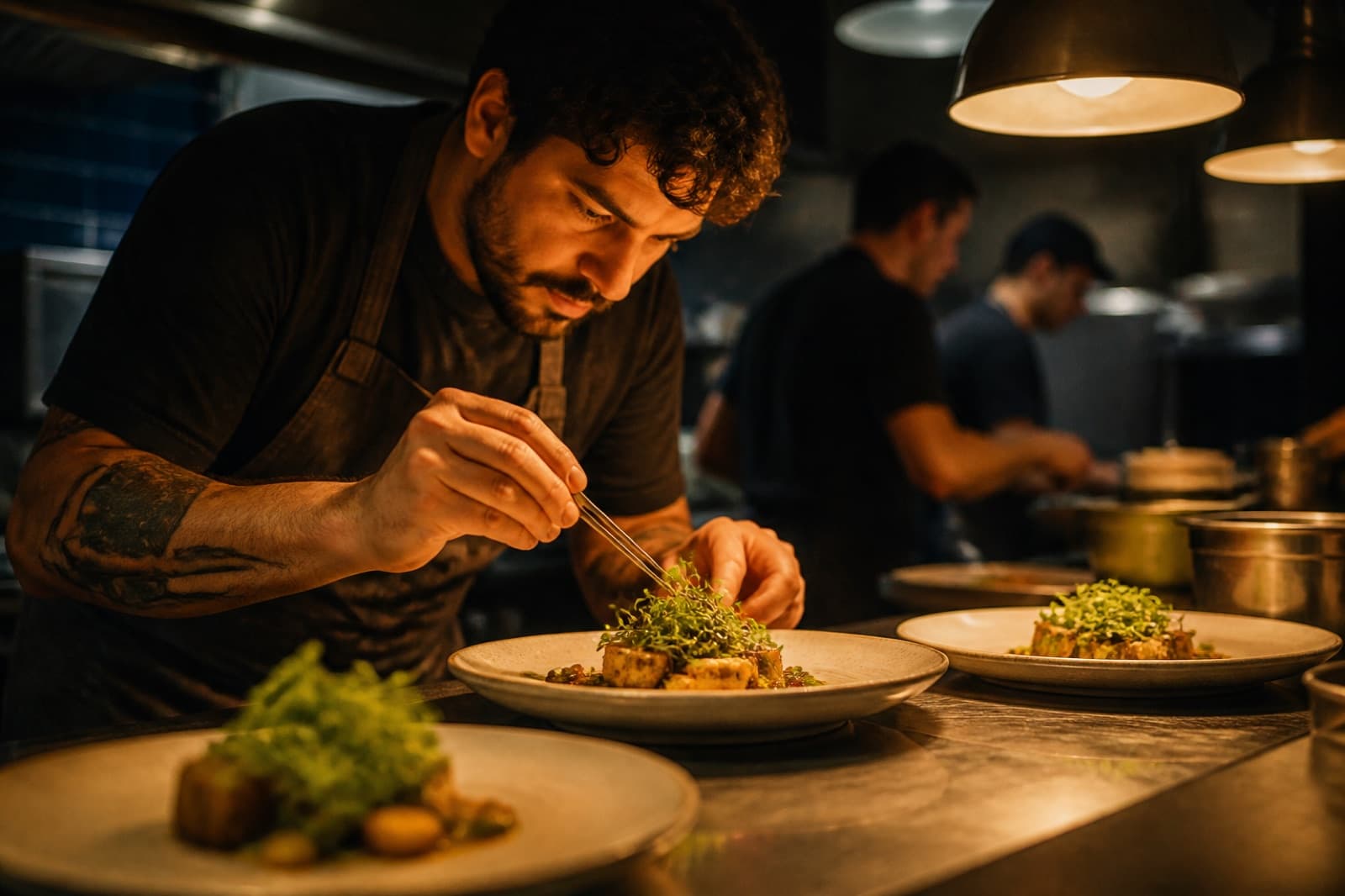 A chef plating a fine-dining course at the pass for a members' dinner