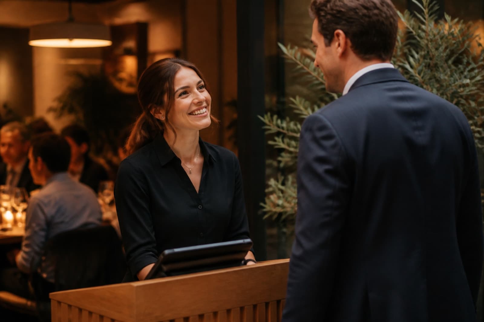 A restaurant host welcoming a returning member at the host stand