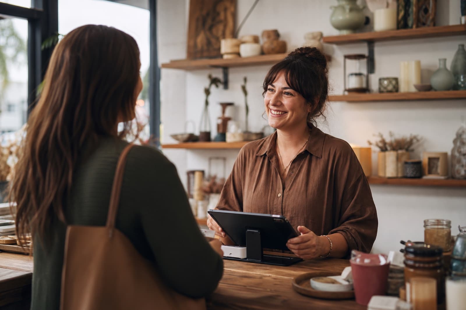 A shopkeeper greeting a returning member at the boutique counter