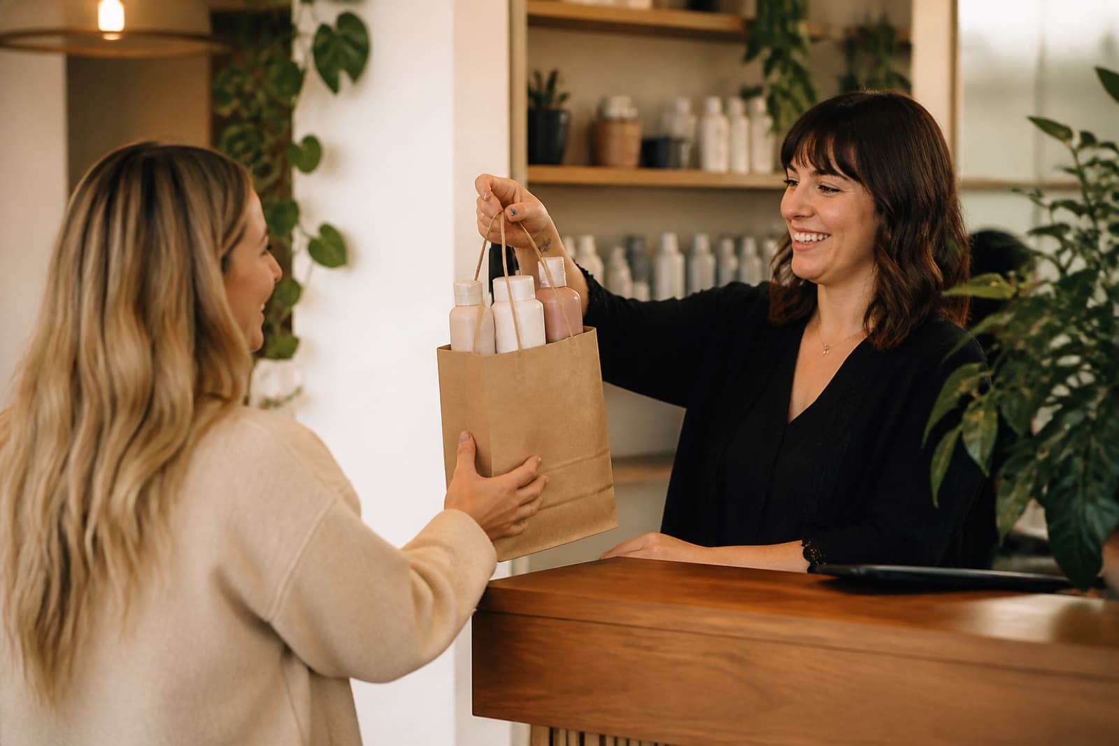 A stylist handing a client a bag of retail haircare products