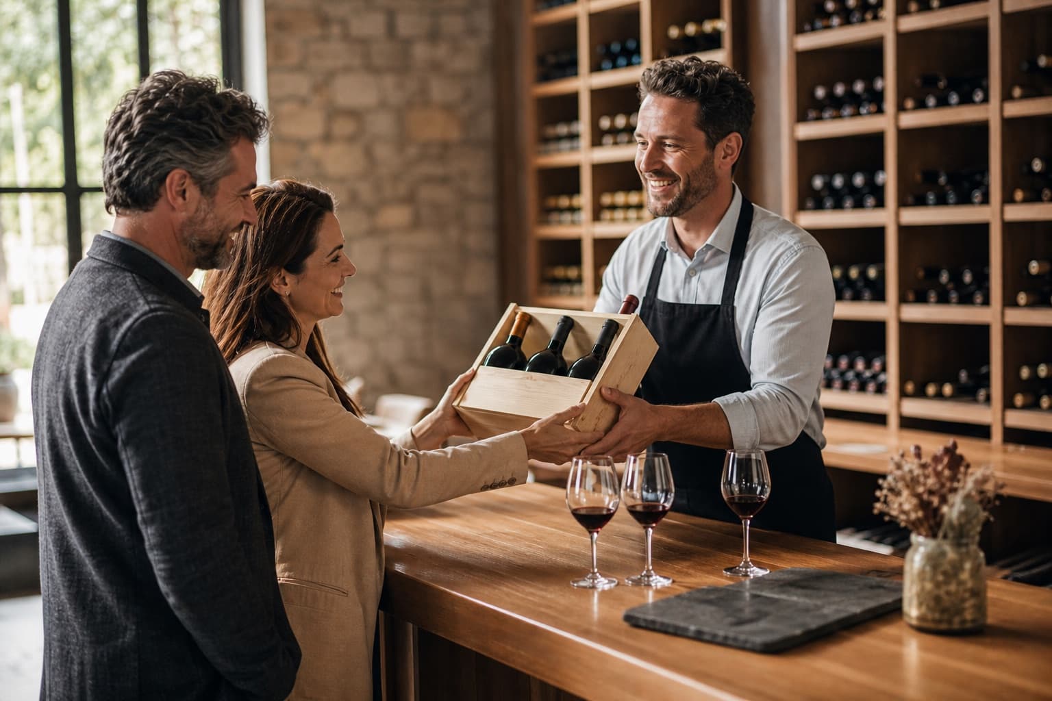 A winery host handing a wooden crate of club wine to two members at the tasting bar